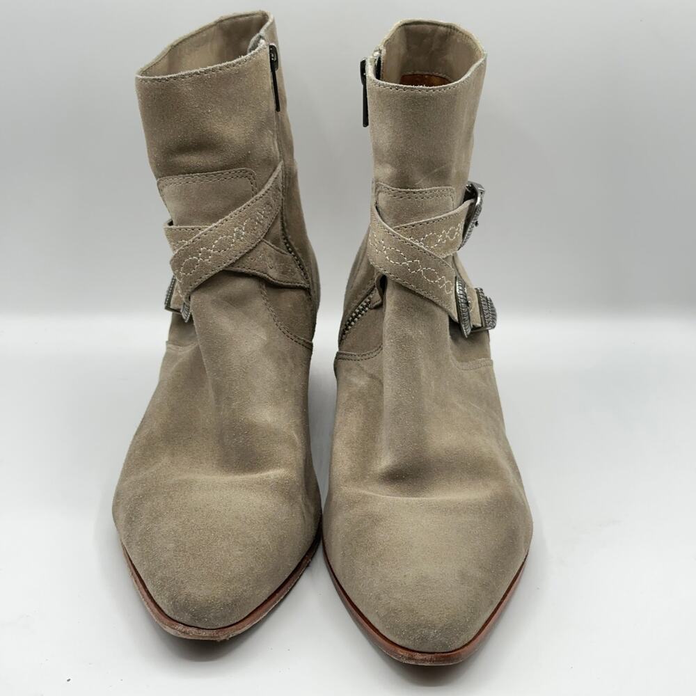 FRYE x ANTHROPOLOGIE Ellen Western Buckle Short Bootie Suede Ash Tan - Picture 5 of 9
